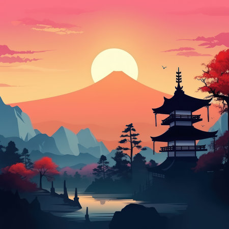 Mt. Fuji with pagoda at sunrise, vector illustration.の素材