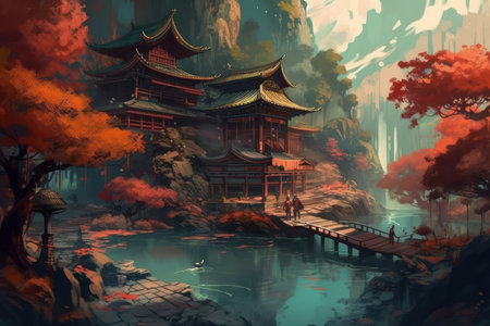 Autumn landscape with traditional Chinese buildings and pond. digital painting.の素材