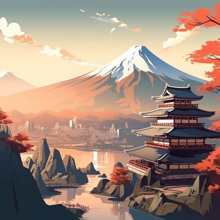Mount Fuji and pagoda in autumn season, Japan travel vector illustrationの素材