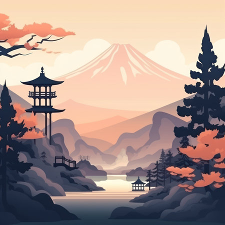Japan Landscape with Mountain, Lake and Pagoda. Vector illustrationの素材