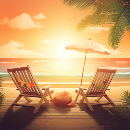Beach chairs with umbrella and hat on wooden deck at sunset.の素材