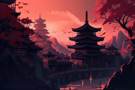 Landscape of chinese temple and pond in the morning, illustrationの素材