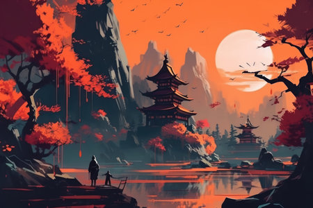 Chinese landscape with a lot of pagodas and a man walking on the cliff above the lake.の素材