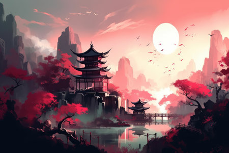 Chinese landscape with pagodas and temples in the autumn season.の素材