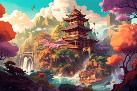 Fantasy landscape with pagoda and mountain. Digital painting illustration.の素材