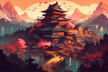 Beautiful japanese temple in the mountains. digital painting.の素材