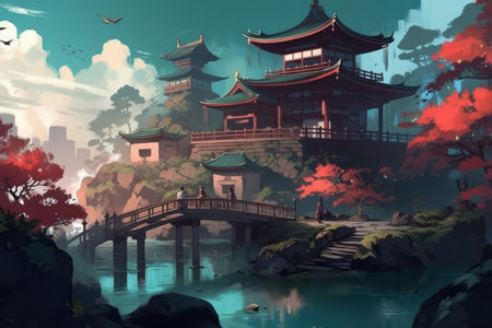 Landscape of chinese temple in the pond, digital painting illustrationの素材