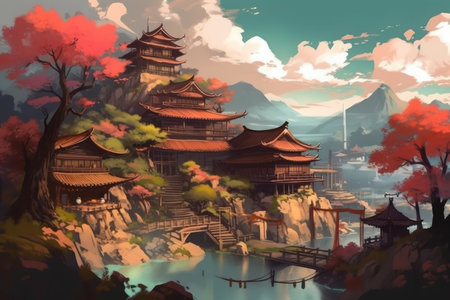 Fantasy landscape with ancient Chinese architecture and lake. digital painting.の素材