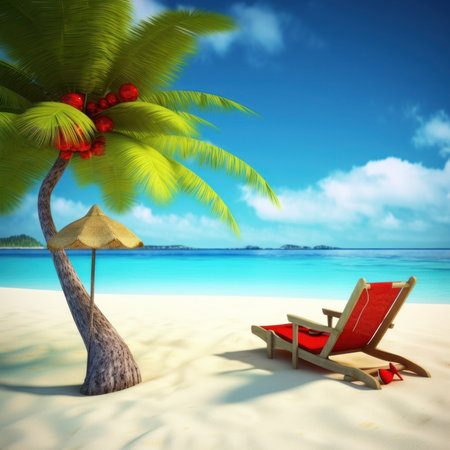 Beach with palm trees, sun loungers and coconut palmsの素材