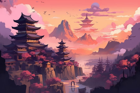 Landscape with japanese pagoda and mountains at sunset illustrationの素材