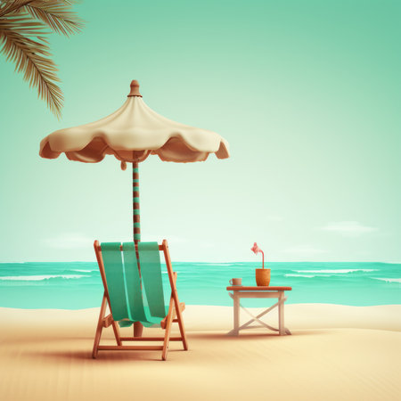 Beach chair with umbrella and table on the sand. 3d renderingの素材