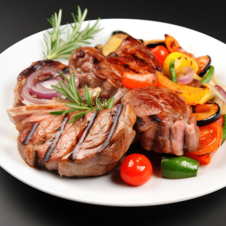 Grilled meat with vegetables on plate, isolated on black background.の素材