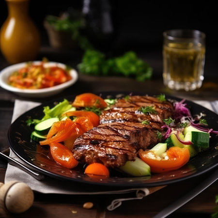 Grilled beef steak with vegetable salad on a black plate. selective focus.の素材