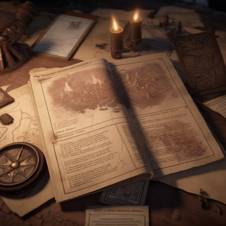Old map and candlestick on the table in the dark.の素材