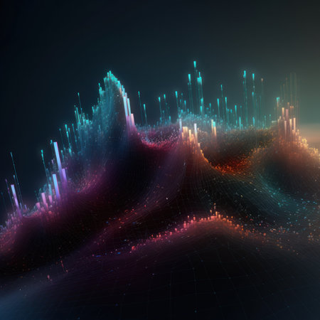 abstract 3d illustration of technology background with dynamic waves and particlesの素材