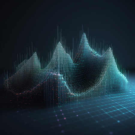 3d rendering of abstract digital background with blue and red lines and wavesの素材