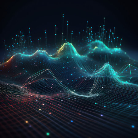 3d rendering of abstract digital landscape with flowing particles and bright lightsの素材