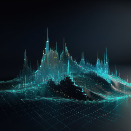Futuristic 3d wireframe landscape with mountains and blue lightsの素材