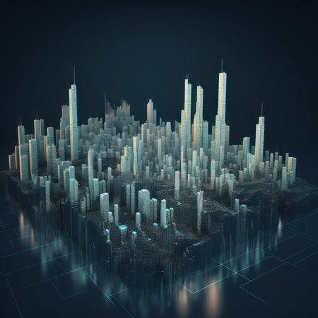 Abstract 3d render of skyscrapers on the background of the cityの素材