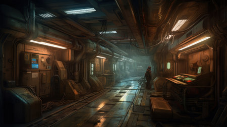 3D render of a futuristic hallway in a dark environment with people walkingの素材