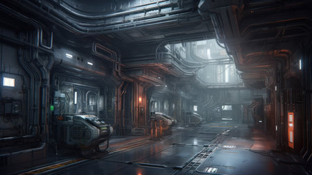 3D rendering of a futuristic corridor in a dark space station.の素材