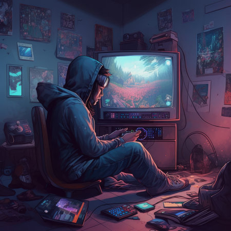 Young man sitting in front of computer and playing video games. Computer games concept.の素材