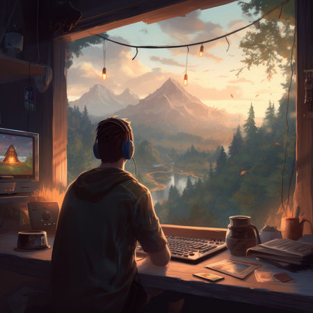 Young man in headphones is sitting at the table and looking at the mountain lake in the morningの素材