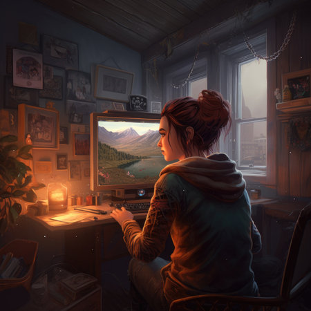 Young woman working on computer at home in the evening. mixed mediaの素材