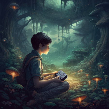 Boy playing video game in fantasy forest. 3D rendering illustration.の素材