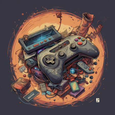 Retro videogame controller on the background of the planet. Vector illustration.の素材