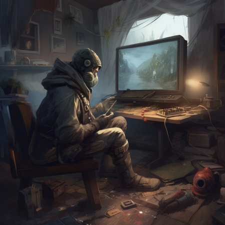 Man in gas mask sitting at the table with computer. digital painting.の素材