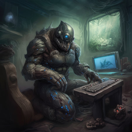 Fantasy illustration of a robot working on a computer in a dark roomの素材