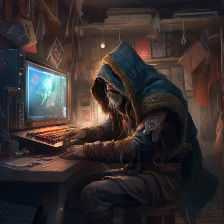 Fantasy scene of a man in a spacesuit working on a computer.の素材
