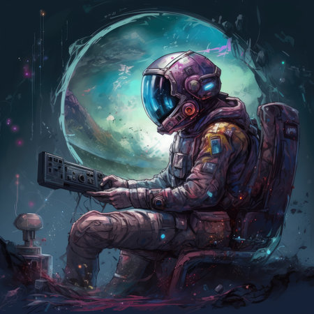 Astronaut in spacesuit with remote control. cosmic background.の素材