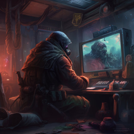 A man in a hood with a computer in the interior of the houseの素材