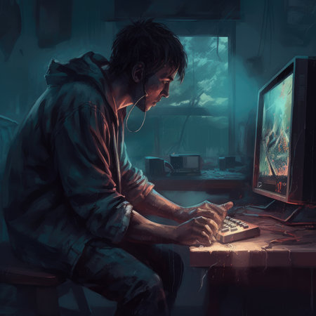 Teenage boy playing video games with headphones and mobile phone at nightの素材