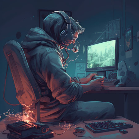 Young man in a hoodie playing video games at home. 3D renderingの素材