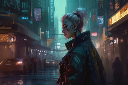 Asian woman in the city at night,3d rendering. Computer digital drawing.の素材