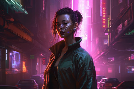 Fashion portrait of young beautiful asian woman in neon lights.の素材