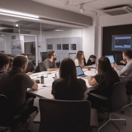 Group of a young business people discussing business plan in the officeの素材