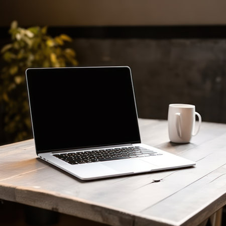 Laptop with blank screen on wooden table in coffee shop, stock photoの素材