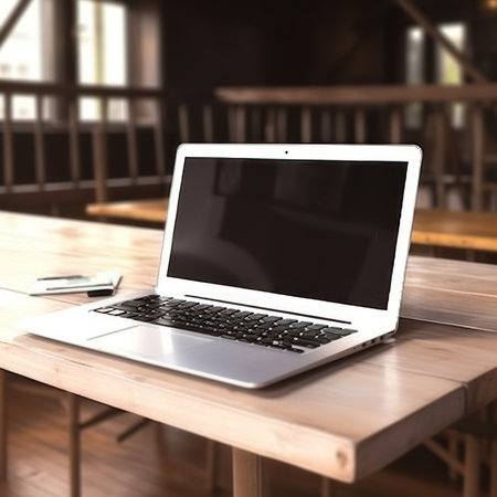 Laptop and coffee cup on wooden table in coffee shop, stock photoの素材