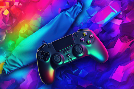 Joystick in the hands of a gamer on a multicolored backgroundの素材