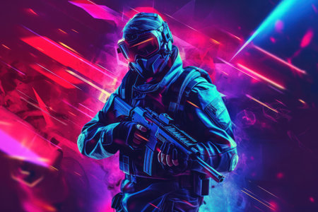Shot of a futuristic soldier with a machine gun on a colorful background.の素材