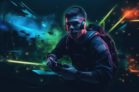 Portrait of a young man playing video games with colorful lights in the backgroundの素材