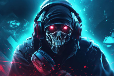 Hacker with a skull in headphones on a dark background. 3d renderingの素材