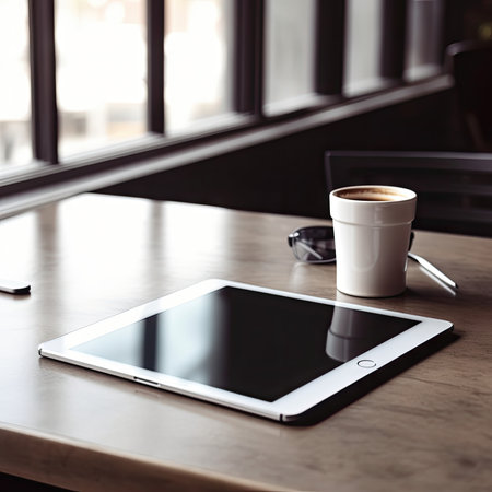 Tablet pc and cup of coffee on wooden table in coffee shopの素材