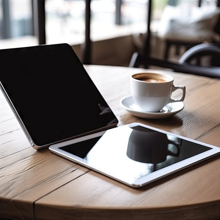 Tablet computer with coffee cup on wooden table in coffee shop.の素材