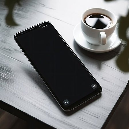 Mockup image of black smartphone with blank screen on wooden tableの素材