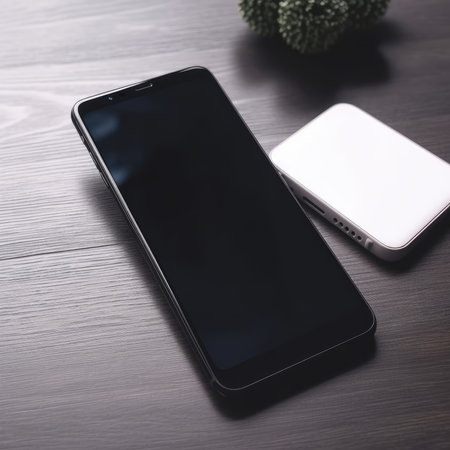 Smartphone with blank screen and mobile phone on wooden table background.の素材